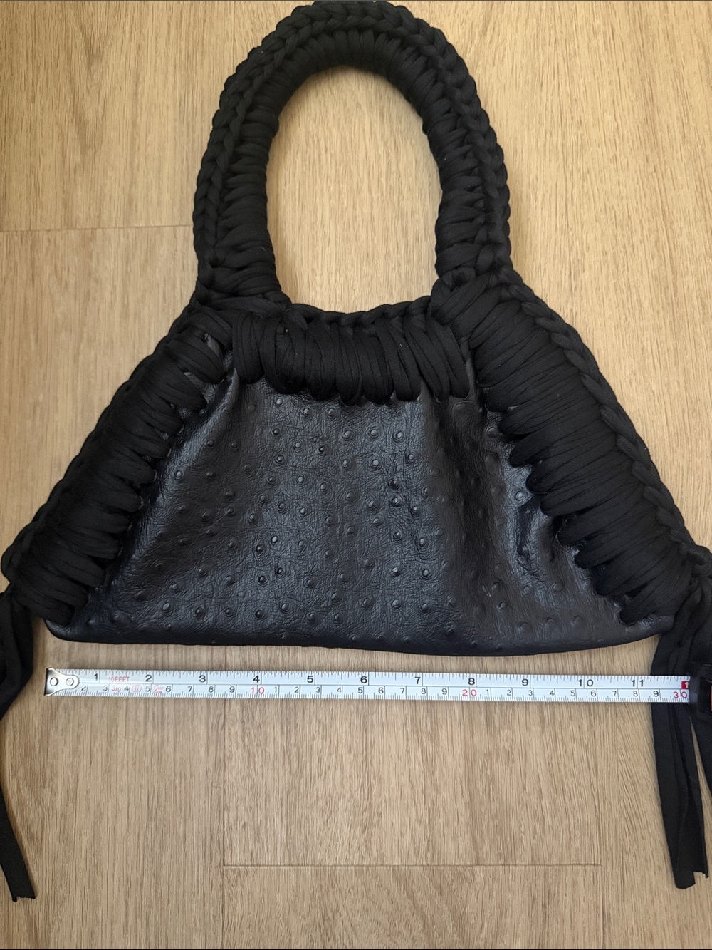 Inedito French Handmade Black Mini Faux Ostrich Textured Bag with Fringe - Picture 4 of 6